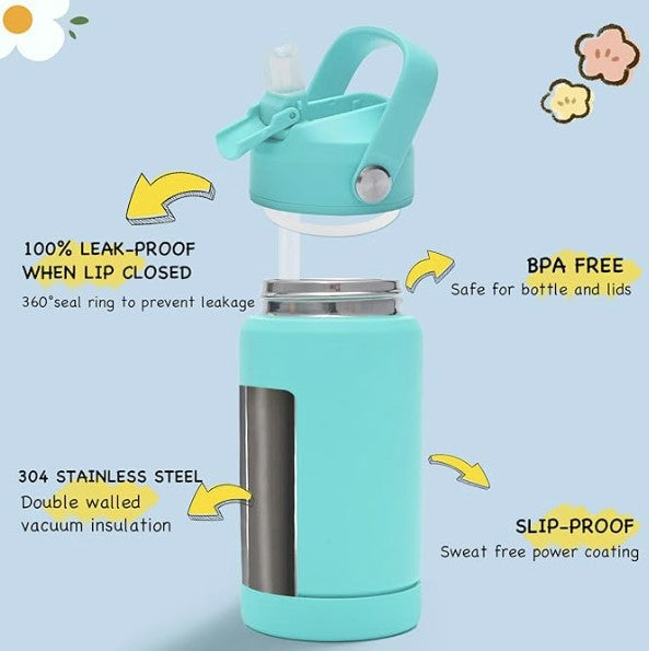 12oz Kids Insulated Water Bottle, Leak-proof Toddler Cup With Straws Lids, Kids Water Bottles For School Boys Girls, Stainless Steel Vacuum Insulated Bottle For Kids, BPA Free