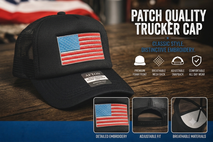 Black trucker cap with embroidered American flag, mesh back and adjustable snapback