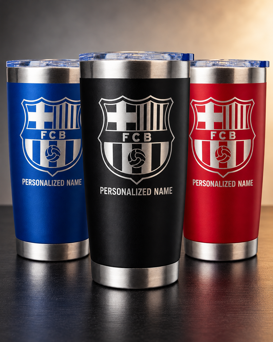 Illustration of name engraving option for all three tumbler colors