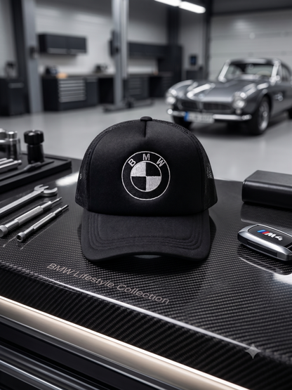 Black BMW embroidered five panel foam trucker cap with breathable mesh back