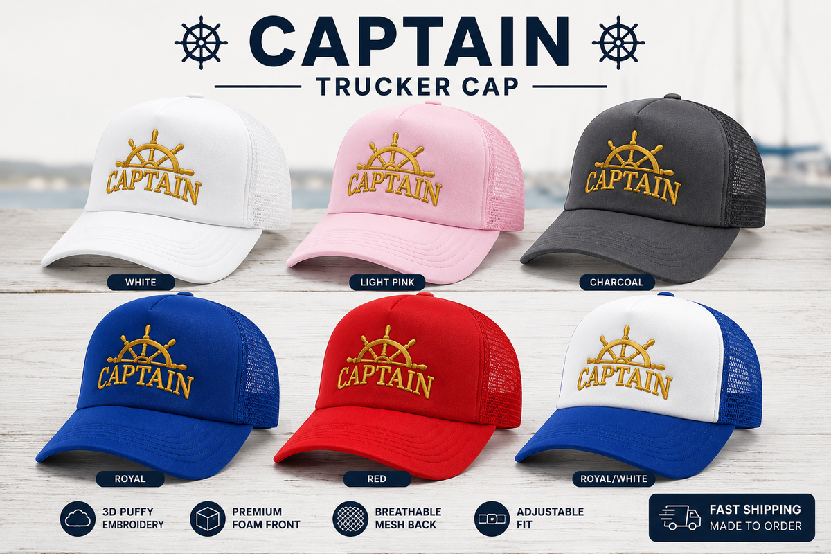 Captain embroidered gold nautical wheel trucker caps in six available colors White Light Pink Charcoal Royal Red and Royal White