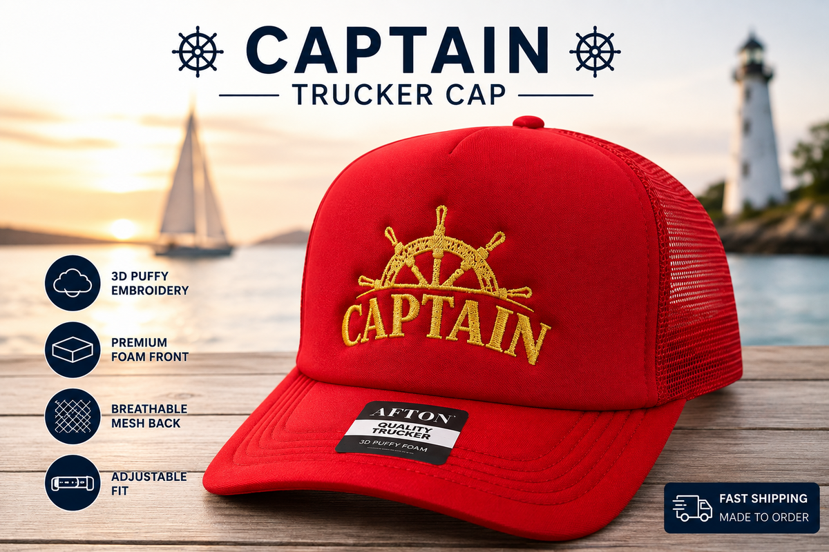 Red mesh back Captain foam trucker cap gold raised embroidery closeup