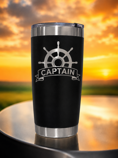 Black Captain nautical ship's wheel 20 oz custom engraved tumbler