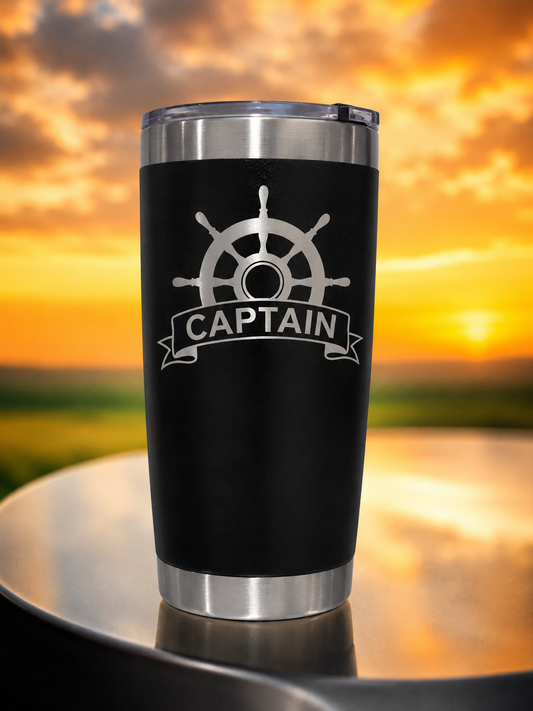 Black Captain nautical ship's wheel 20 oz custom engraved tumbler