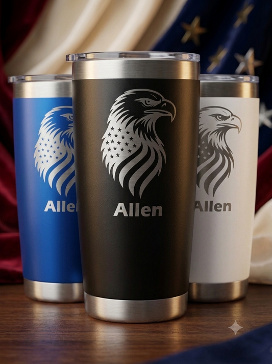Patriotic Eagle Flag 20 oz engraved tumbler in Black, Blue and White, with sample personalized name Allen