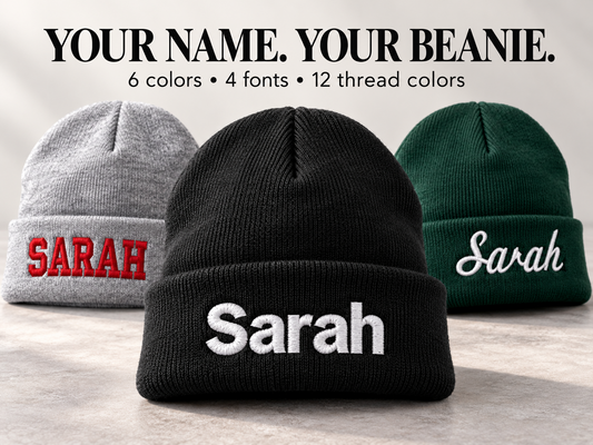 Personalized embroidered knit beanie examples with Sarah name on gray, black and green hats