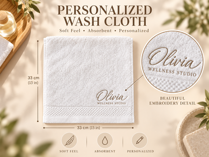 Soft 13 by 13 inch embroidered washcloth specifications and embroidered spa logo detail