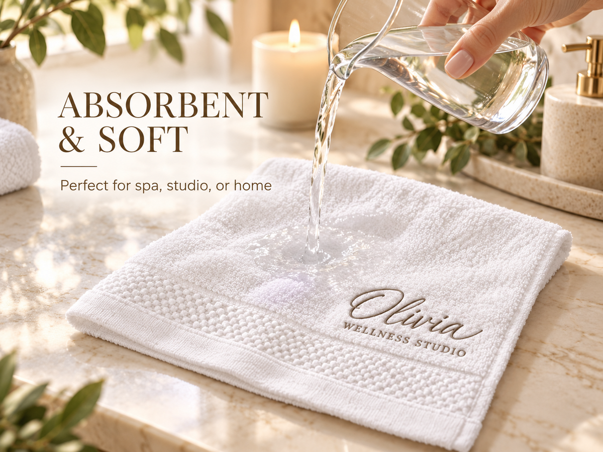 Soft absorbent terry towel with personalized embroidery in a spa bathroom