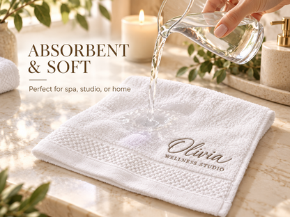 Soft absorbent terry towel with personalized embroidery in a spa bathroom