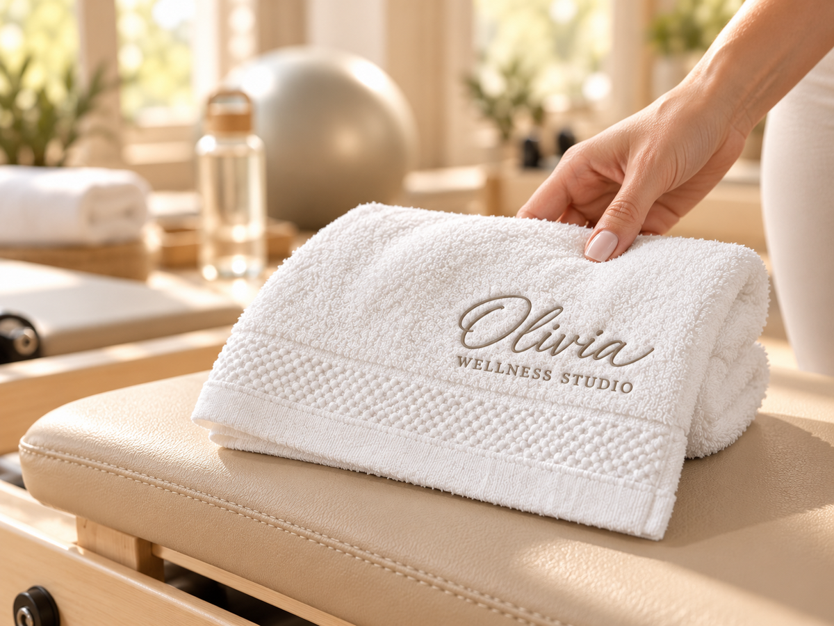 Personalized white washcloth with Olivia Wellness Studio embroidered sample in a spa setting