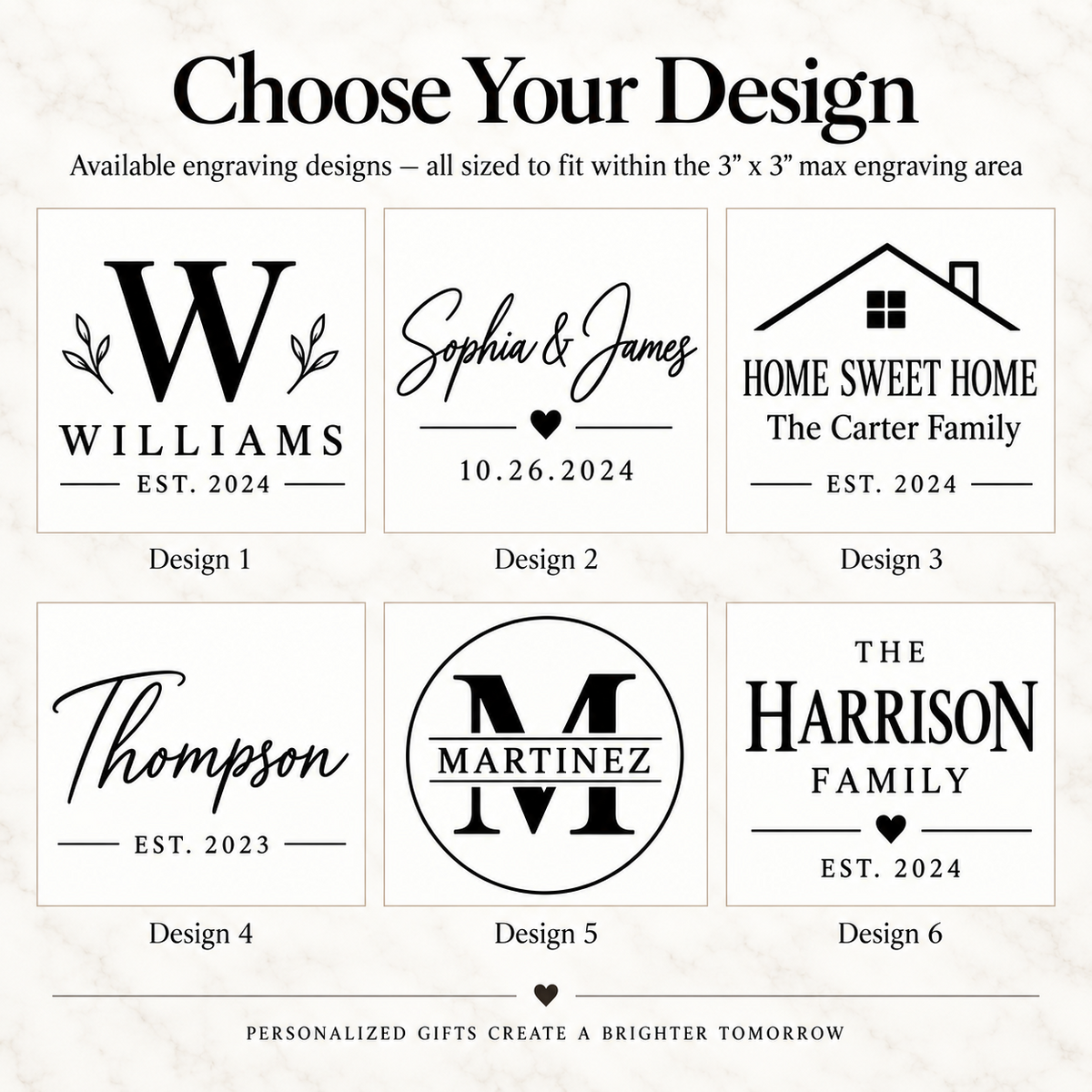 Six engraving designs numbered 1 through 6