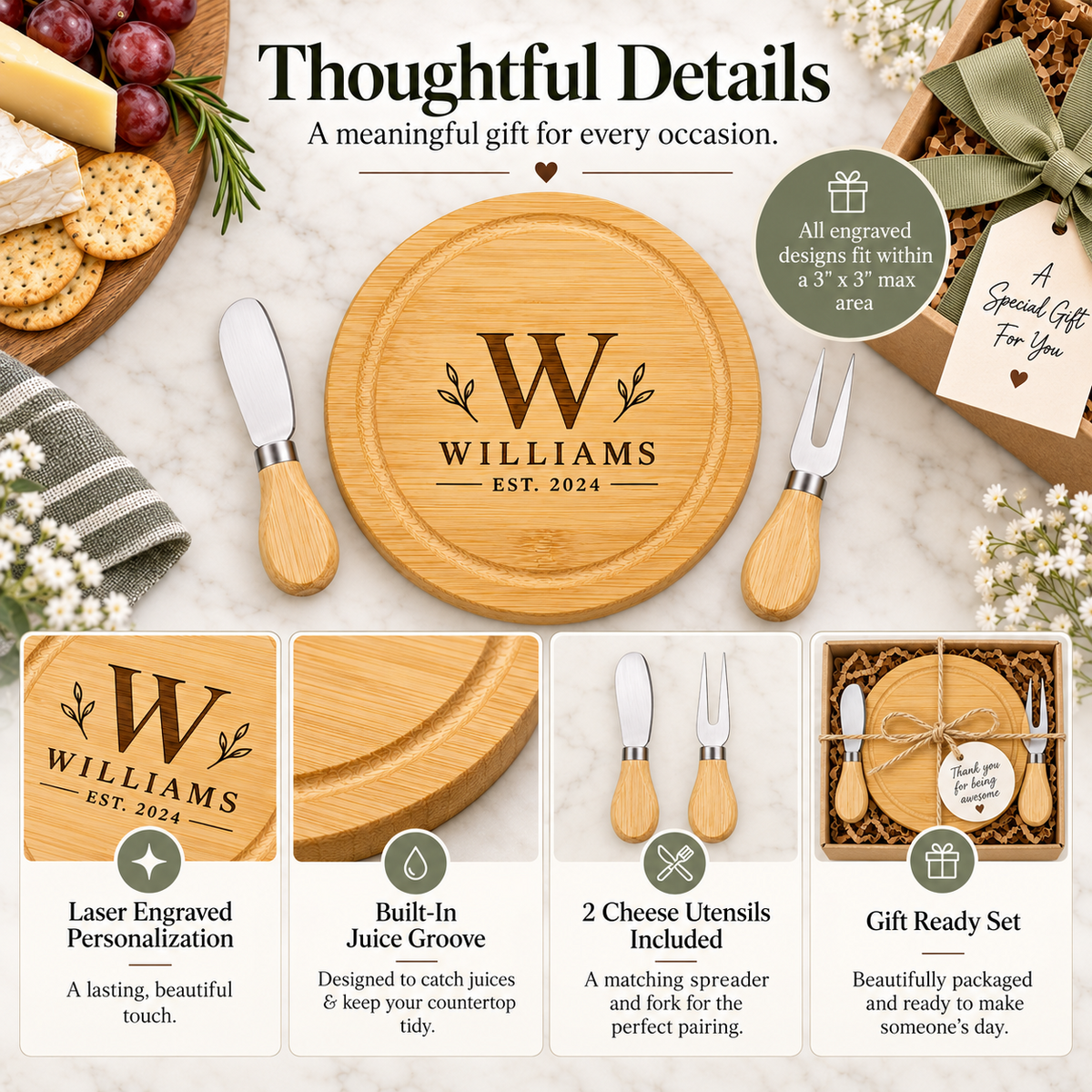 Bamboo board gift set details with spreader and cheese fork