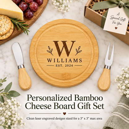Personalized bamboo cheese board gift set with two utensils
