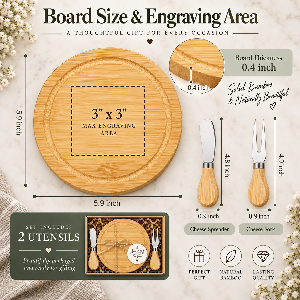 Board size 5.9 inches, thickness 0.4 inch, engraving 3 by 3 inches; two utensils included