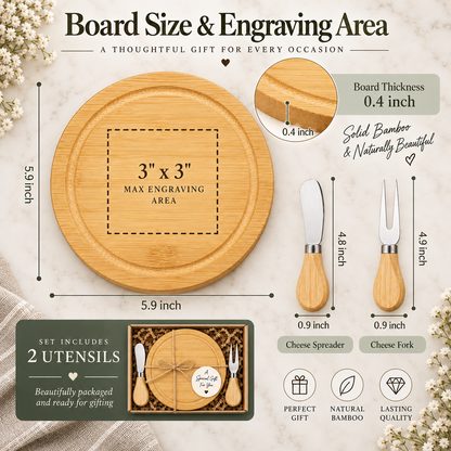 Board size 5.9 inches, thickness 0.4 inch, engraving 3 by 3 inches; two utensils included