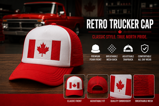 Red and white trucker cap embroidered with the Canadian flag, featuring a foam front, mesh back and adjustable snapback