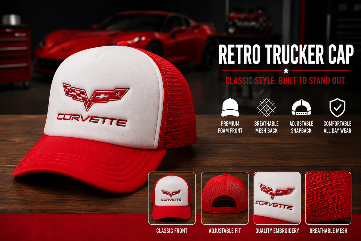 Corvette embroidered trucker cap with foam front, red mesh back and adjustable snapback details