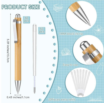 Bamboo Pens Wood Natural Engraving Retractable Bamboo Pen with Extra Black Ink Refills Ballpoint Pen Journaling Pen, Gift for Graduation.