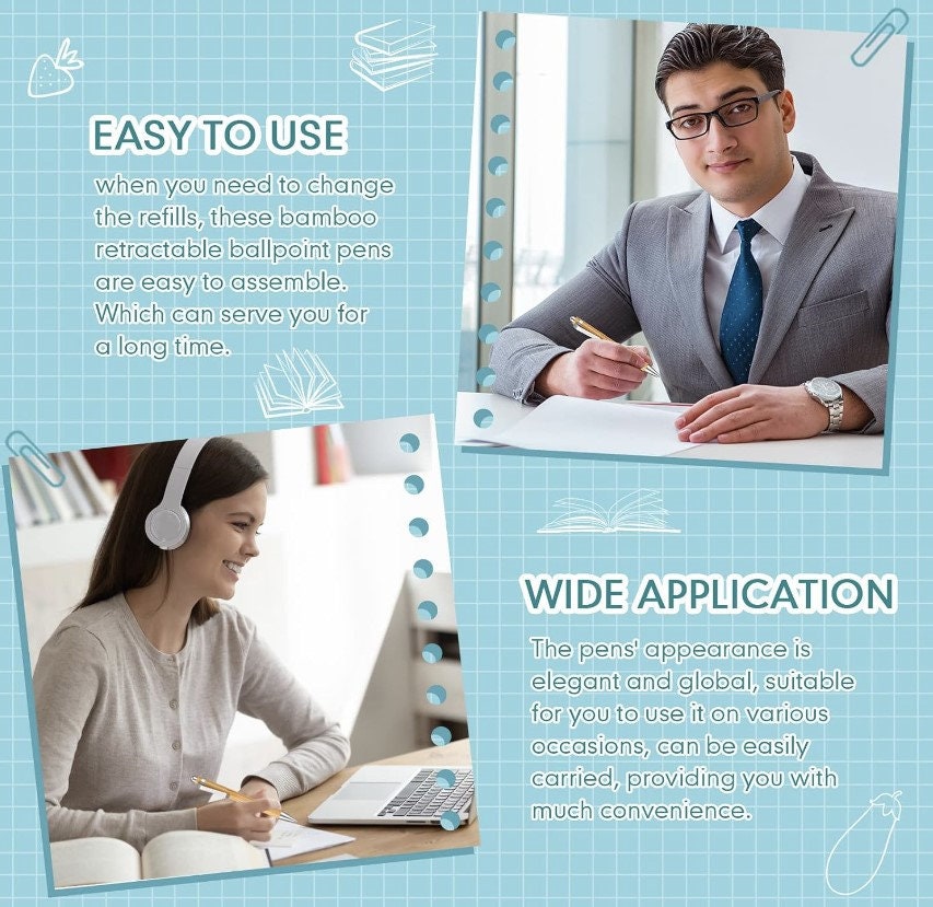 Bamboo Pens Wood Natural Engraving Retractable Bamboo Pen with Extra Black Ink Refills Ballpoint Pen Journaling Pen, Gift for Graduation.