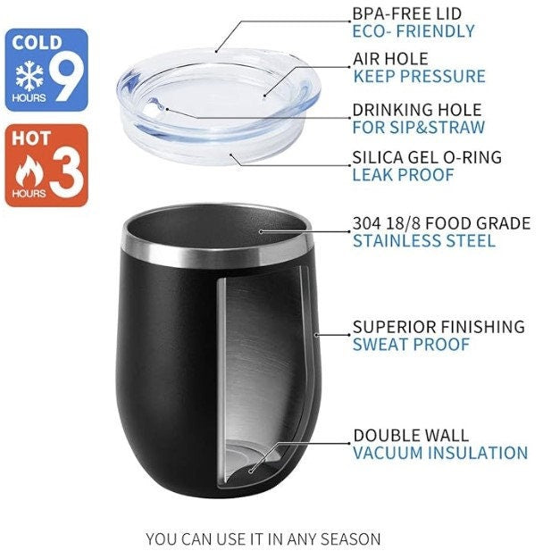 12oz Wine Tumbler with Lid Stemless Wine Glasses Double Wall Vacuum Travel Mugs stainless steel Coffee Cup for Cold & Hot Drinks or Wine.
