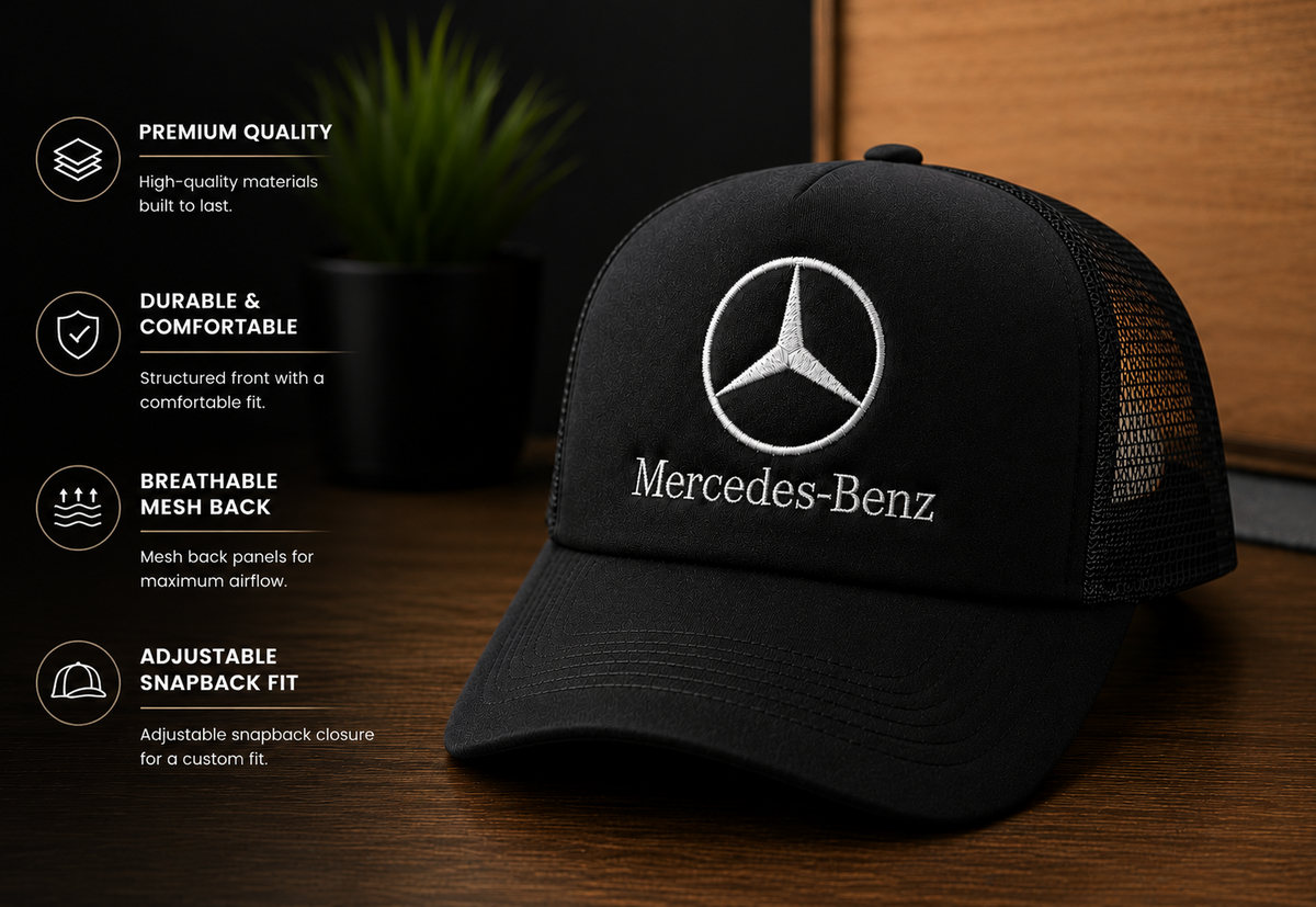 Black trucker cap with embroidered Mercedes-Benz design and adjustable mesh back