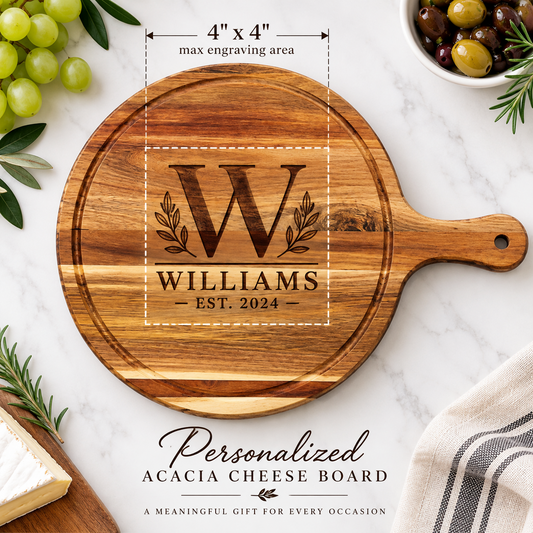 Personalized round acacia board with handle and monogram engraving