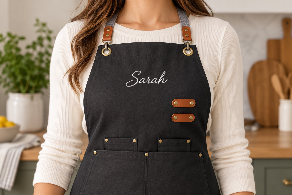 Closeup of white embroidery on custom chef apron