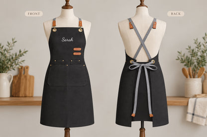 Front and back of the black personalized kitchen apron