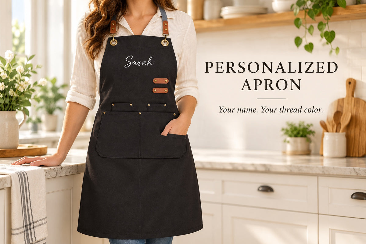 Personalized black embroidered apron with Sarah name