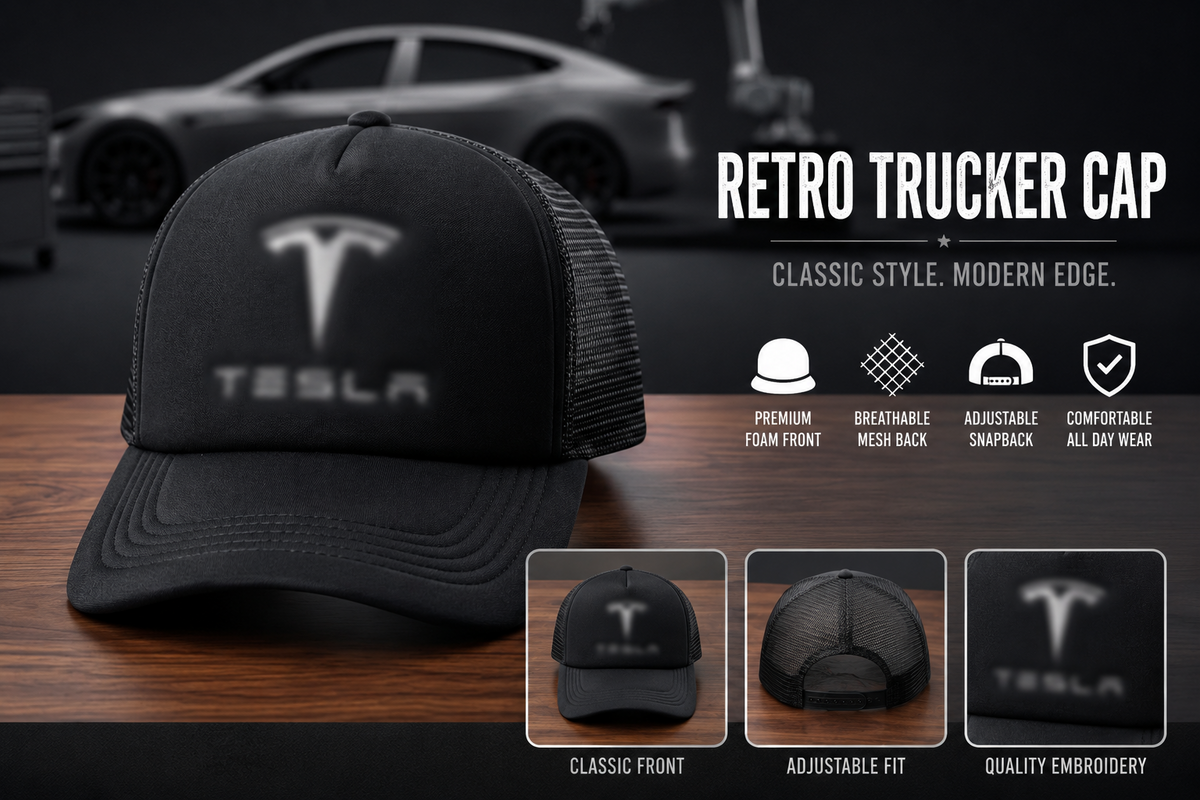Black Tesla design trucker cap with foam front, mesh back and adjustable snapback