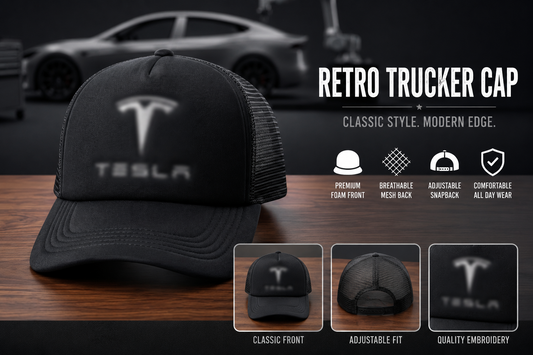 Black Tesla design trucker cap with foam front, mesh back and adjustable snapback
